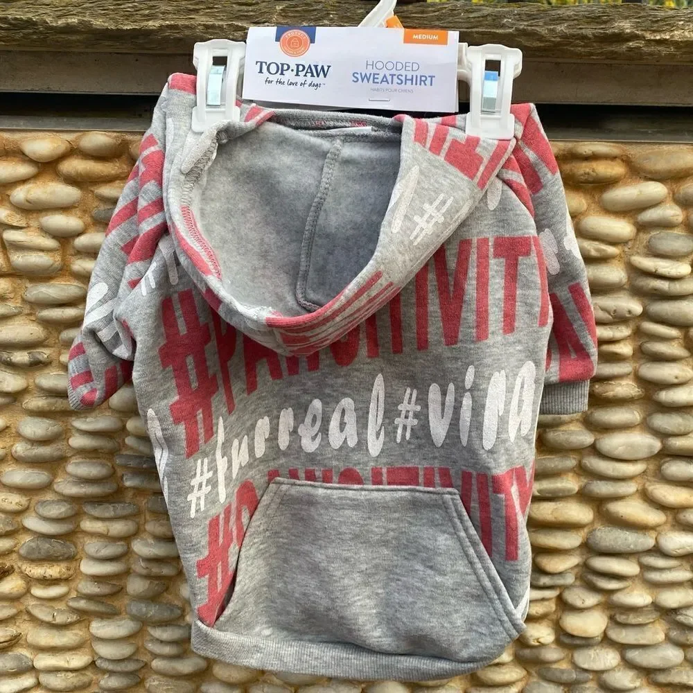 Top Paw Gray/Pink/White Graphic Hoodie Sweatshirt for Dogs. Size Medium. NWT!